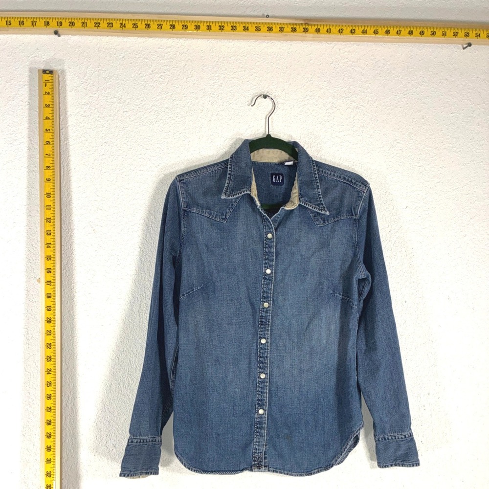 Gap Denim Maternity Western Pearl Snap Button Down Shirt Blue XL Lyocell Blend
